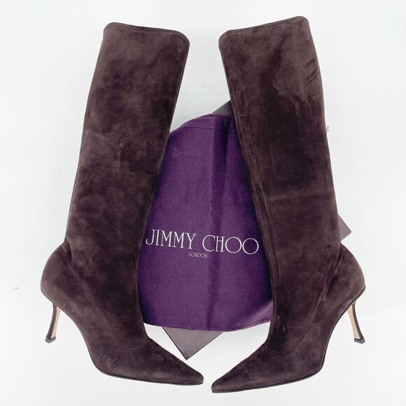 Vintage Jimmy Choo Coffee Brown Stevie Suede Knee High Pointed Toe Boot IT 39 - Picture 1 of 11